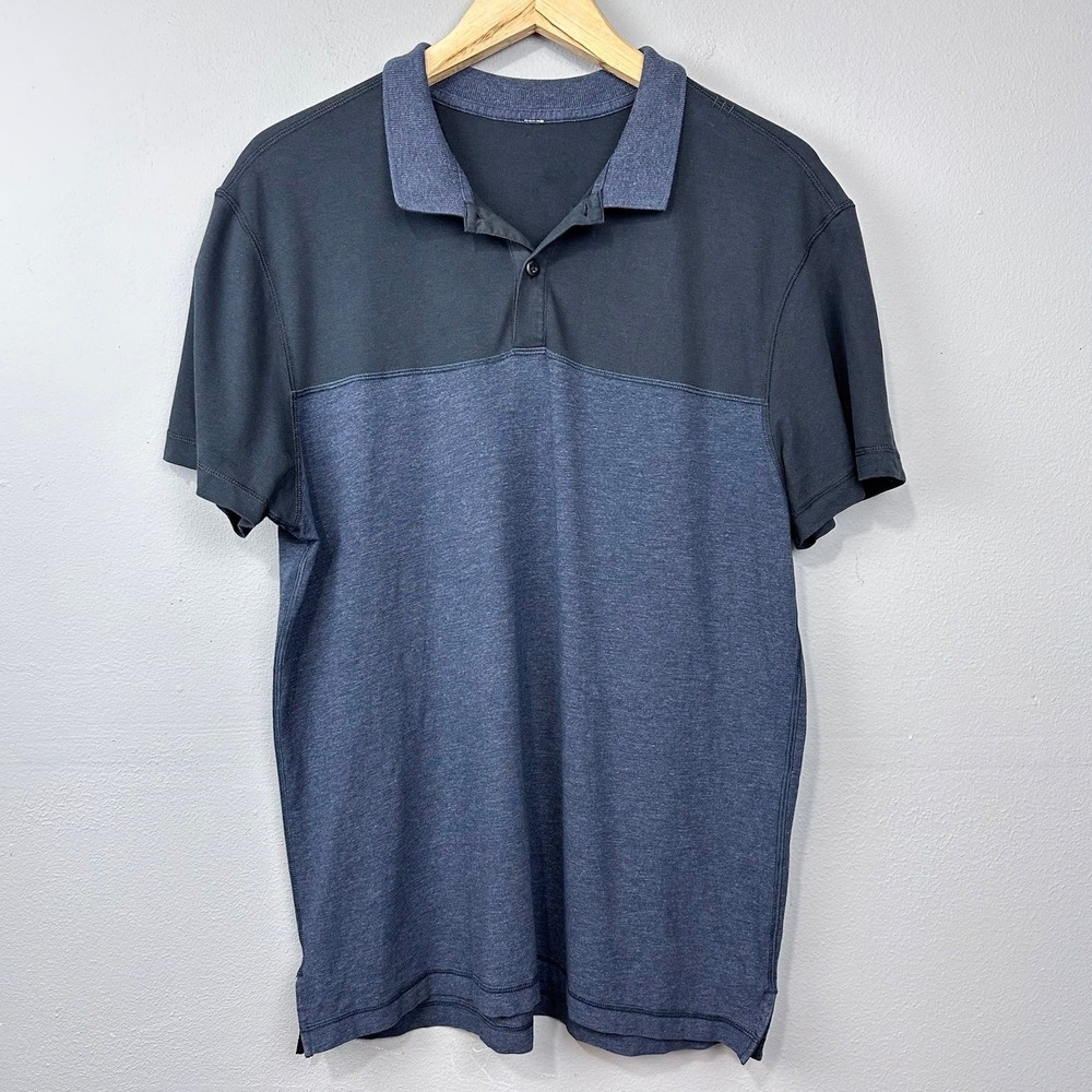 Lululemon Polo Shirt Mens Size L Gray Blue Color‎ Block Short Sleeve Athletic